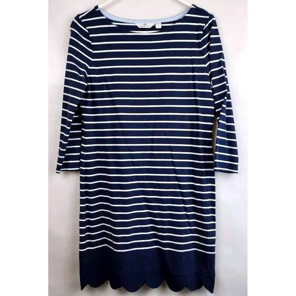 Vineyard Vines Scalloped Hem Striped Dress Women S Navy Blue White Nautical
